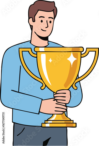 Happy man holding a golden trophy cup for victory winner success achievement award