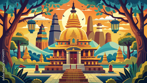 The Mahabodhi Temple Complex in Bodh Gaya, India radiates serenity, where the sacred Bodhi tree and intricate carvings mark the birthplace of Buddhist enlightenment and spiritual pilgrimage.