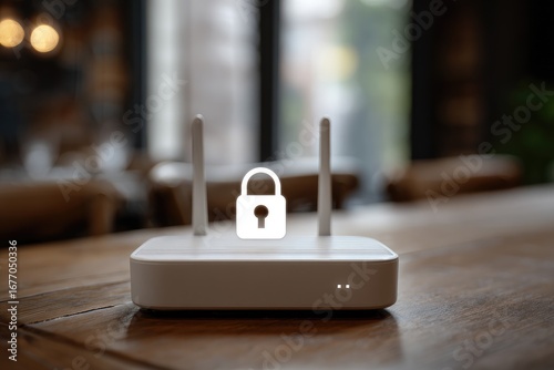 A white wireless router sits on a wooden table, with a padlock icon overlaid, suggesting security