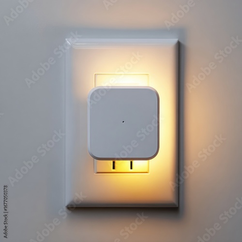 White square nightlight in a wall outlet.  Warm yellow glow