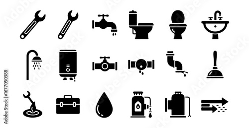 Set of monochrome glyph icons for plumbing services, sanitary engineering, and water systems