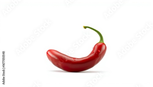 A single red jalapeño pepper with water droplets on a white background in a studio shot view
