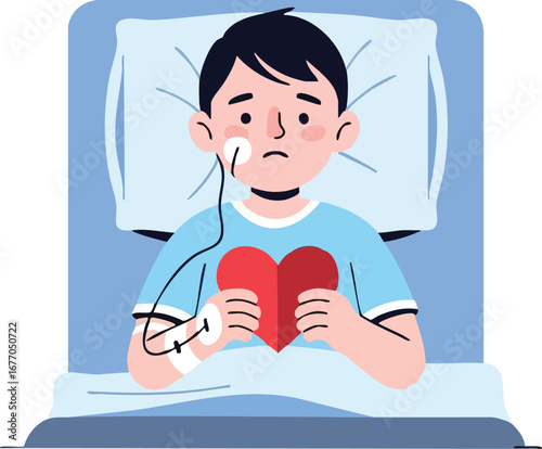 Sad boy in hospital bed holding heart healthcare and illness concept child kid patient