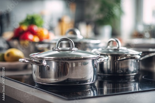 Stainless steel cookware on a modern stovetop.  Fresh produce in the background