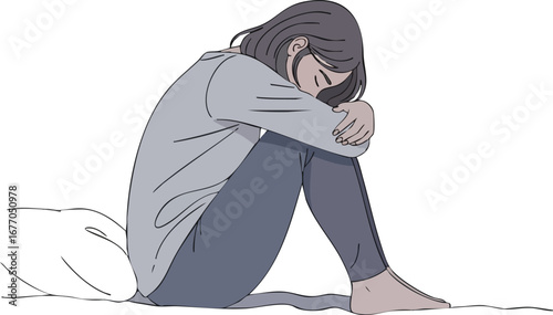 Sad woman huddled in isolation feeling alone loneliness despair depression  help  graphic  sorrow  female