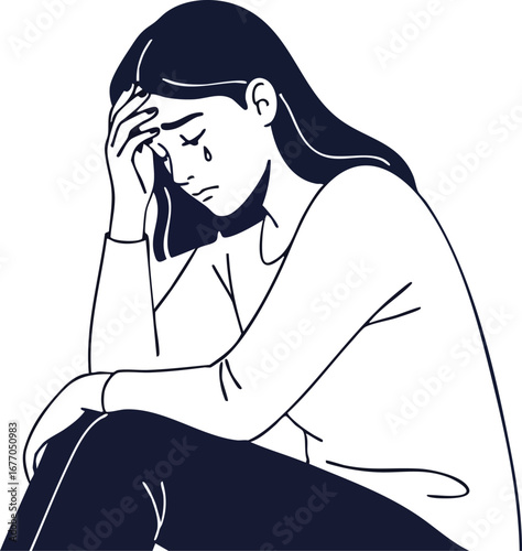 Sad woman sitting depressed person crying sorrow emotion  distress  pensive  troubled  illustration  depressed  emotional