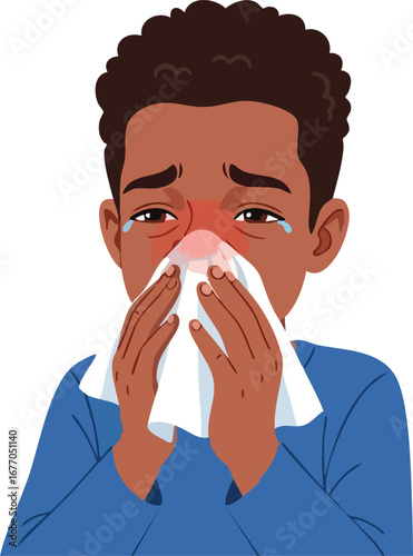 Sick boy blowing nose with tissue illustration child ill cold flu  suffering  white  art