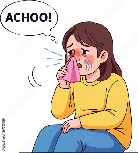Sick girl sneezing cartoon illustration sneeze achoo woman illness  expression  headache  illustration  bacteria  cough
