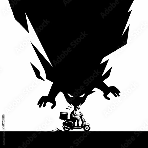 Delivery Rider Facing a Giant Shadowy Figure