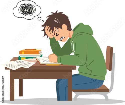 Stressed student studying overwhelmed homework books  stressed  academic pressure  concentration  mental health issues  difficulty  frustrated  desk  teenager