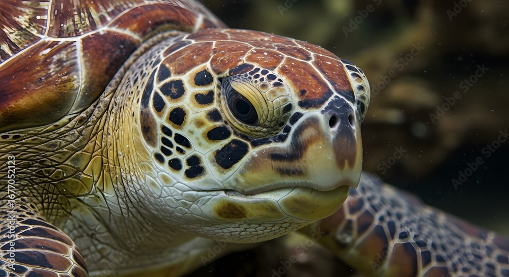 Fototapeta premium Close-up of a sea turtle's face with a patterned shell, focusing on detail and texture under the water.