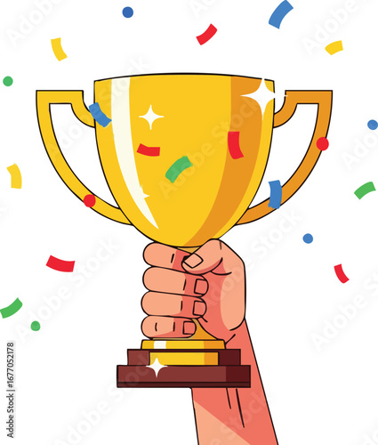 Victory celebration with a gold trophy and confetti illustration cup award prize hand arm