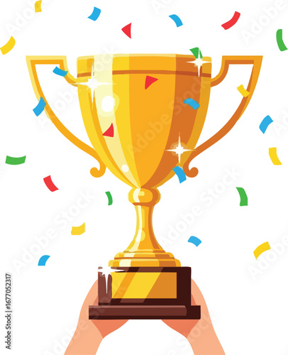 Winner holding a shiny gold cup prize with falling confetti trophy award golden
