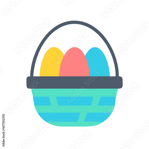 Colorful Easter eggs in a woven basket on a white background  