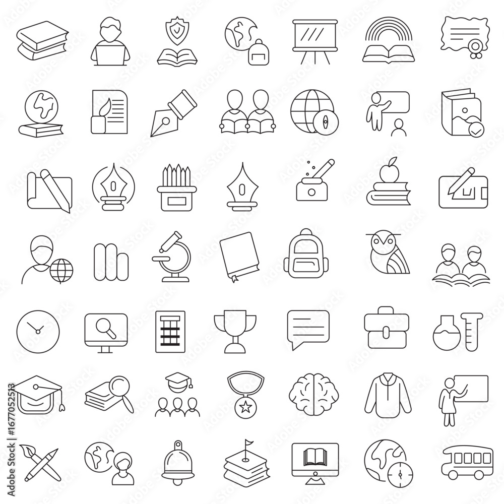 Fototapeta premium Book Line Icons Editable Stroke, Book line vector icon set. The set contains icons: Book, Audiobook, E-Reader, Studying, Tutorial, Personal Organizer, Diary, Reference Book.