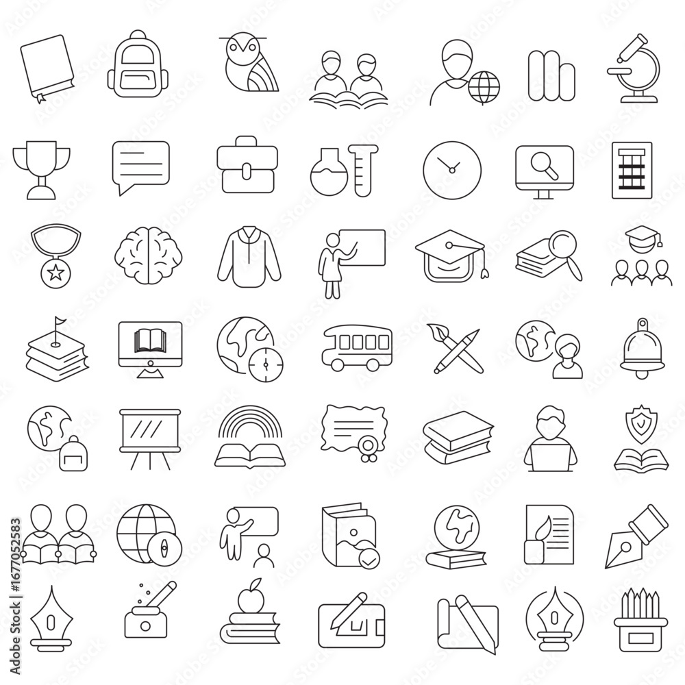 Fototapeta premium Book Line Icons Editable Stroke, Book line vector icon set. The set contains icons: Book, Audiobook, E-Reader, Studying, Tutorial, Personal Organizer, Diary, Reference Book.
