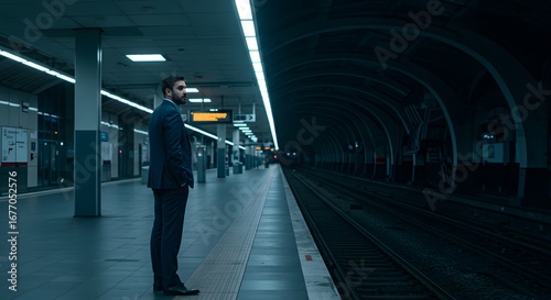 Man in suit waiting at a dimly lit subway platform, staring at tracks. City commuting and urban life.