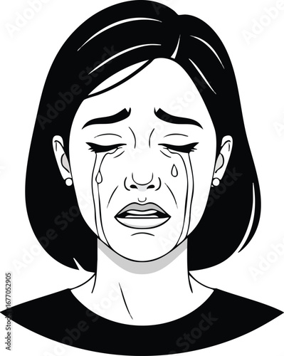 Woman crying tears black and white illustration sad grief sorrow  design  black  tears  sensitive