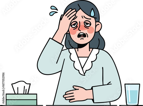Woman feeling sick with symptoms illness unwell fever headache pain  water  help  headache  fever