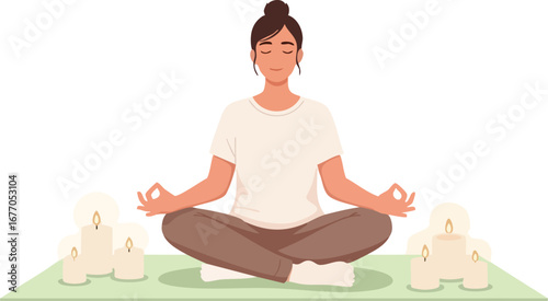 Woman meditating with candles illustration meditation yoga lotus position  mind  wellbeing  home meditation  pose