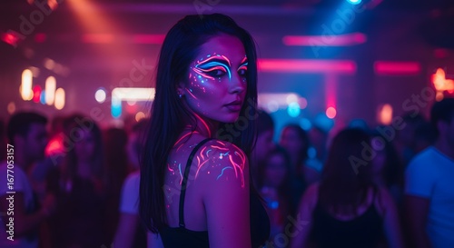 Woman with neon face paint at a vibrant nightclub, surrounded by dancing partygoers, bathed in colorful lights.