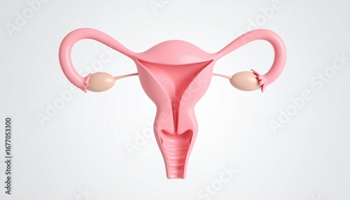 Anatomical model showing the female reproductive system with uterus, fallopian tubes, and ovaries on a white background.