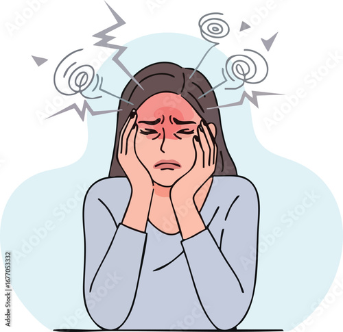 Woman suffering from headache pain distress discomfort  illustration  throbbing  stress  emotional  modern  healthcare  flat