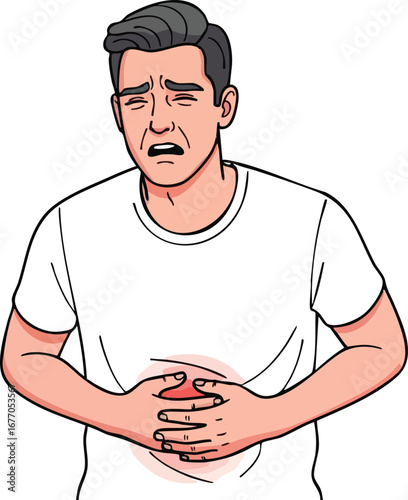 Young man suffering from severe stomach ache and abdominal pain person male guy adult