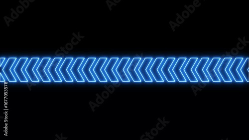 A glowing neon pattern of multiple chevron arrows pointing to the right, aligned in a horizontal row. The arrows have a bright orange-gold neon glow on a dark background, creating a modern