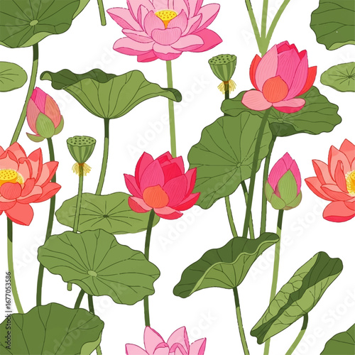 Seamless pattern of vibrant pink and red lotus flowers and green lily pads on a white background, perfect for floral designs