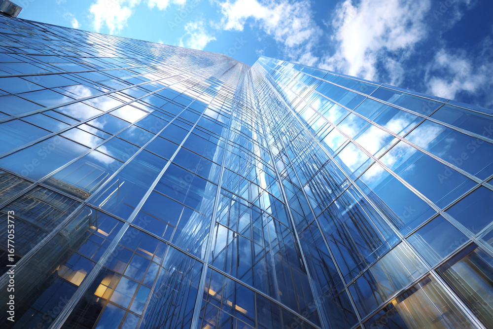Fototapeta premium Contemporary office building photographed in ultra detail, low-angle with sky reflections.
