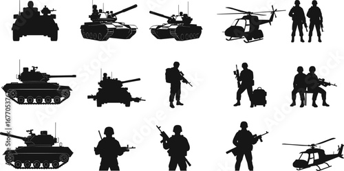 Military vehicle and soldier silhouettes collection, including tanks, helicopters, and armed troops, ideal for defense, combat, and warfare designs.