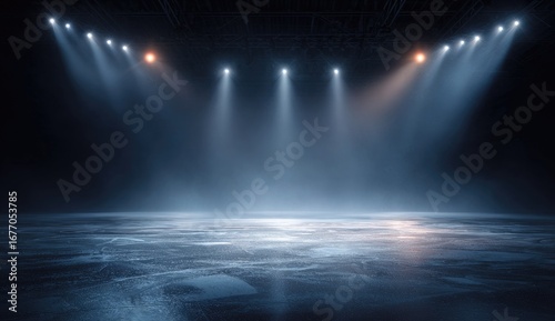 Empty stage lit by spotlights, dark background, textured floor