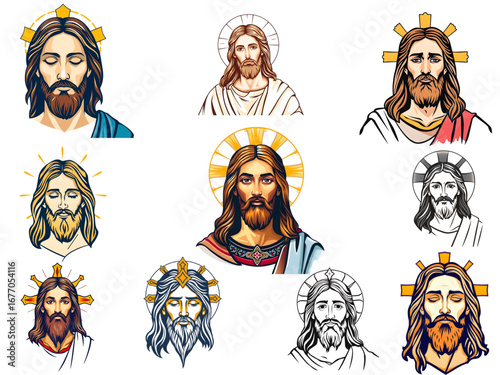 An expressive and respectful new vector Jesus Christ icon set design, combining a classic subject with a fresh, modern, and usable aesthetic.