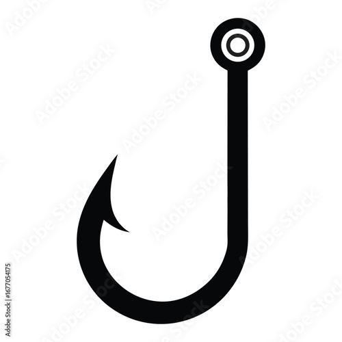 Minimalist bold black outline fishing hook isolated on white background
