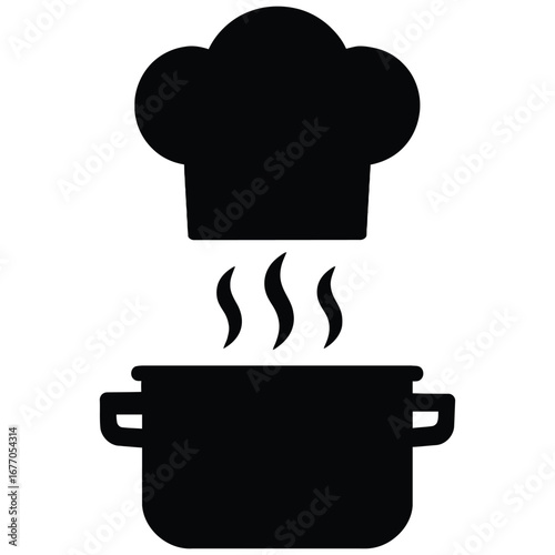 Chef hat and steaming pot icon isolated on white background