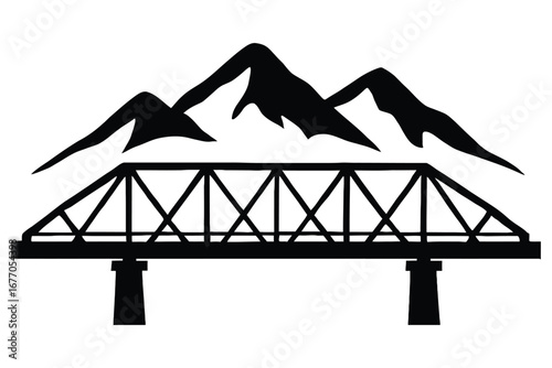 Russian bridge with triangular load supports and mountain isolated on white background