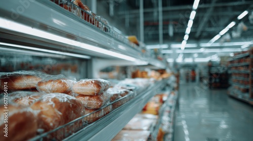 Supermarket shelves filled with bread loaves bakery retail commerce shopping concept image