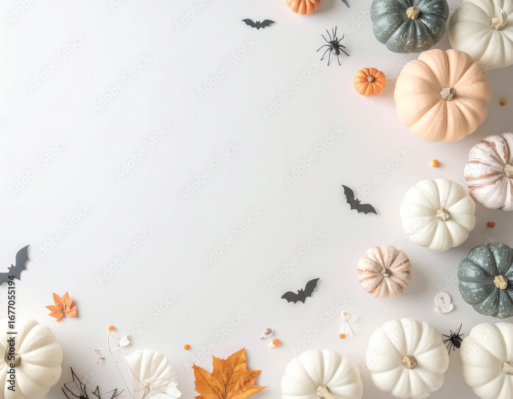 Obraz premium Pastel Halloween background with pumpkins, bats, and autumn leaves