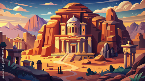 The Petra-like city of Hegra in Saudi Arabia features monumental rock-cut tombs, adorned with Nabatean artistry, emerging from sandstone cliffs under a dramatic desert light at dawn.