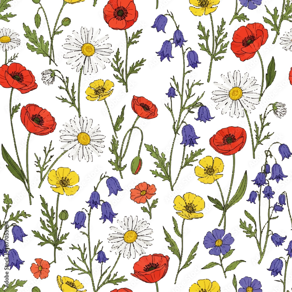Fototapeta premium Floral Symphony A Seamless Pattern of Meadow Flowers and Delicate Daisies