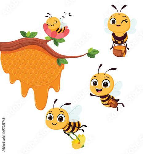 Cute bees cartoon carrying honey to the hive