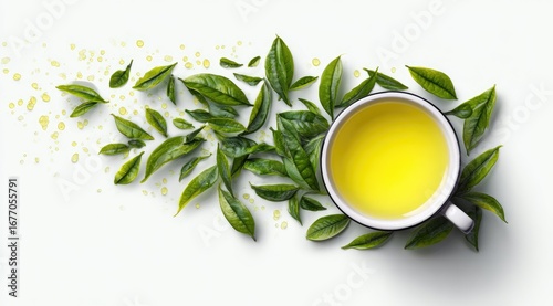 Fresh tea leaves surrounding a cup of golden tea