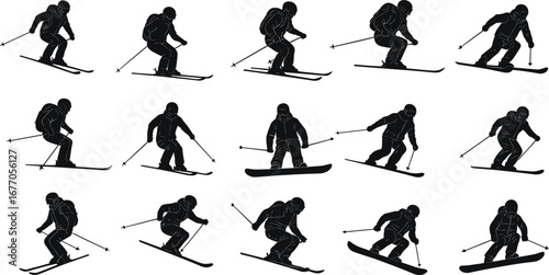 Silhouette collection of skiers and snowboarders in action, winter sports people skiing downhill, isolated on white, extreme alpine adventure