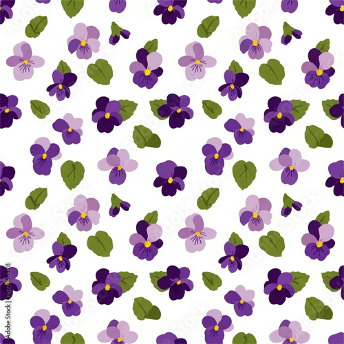 Delicate seamless pattern featuring charming purple violet blossoms and fresh green leaves gracefully scattered across a pristine white background, ideal for various design applications