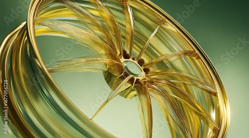 Golden, futuristic wheel rim,  smooth, flowing spokes