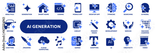 Set of vector solid icons related to artificial intelligence, machine learning, data science and generative technology. Symbols for website or app UI, logo design, illustration