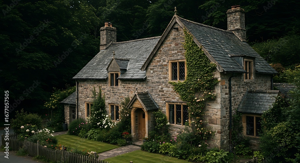 Fototapeta premium Sophisticated stone cottage beside forest, heritage property captured in soft natural light, refined and minimalist look