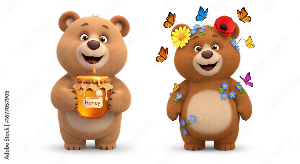 Naklejka premium Two Happy Cute Cartoon Bears, One Holding Honey and Other Adorned with Flowers and Butterflies, on Isolated transparent background