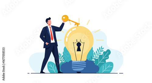 Businessman unlocking a bright idea with a golden key symbolizing innovation and strategic thinking